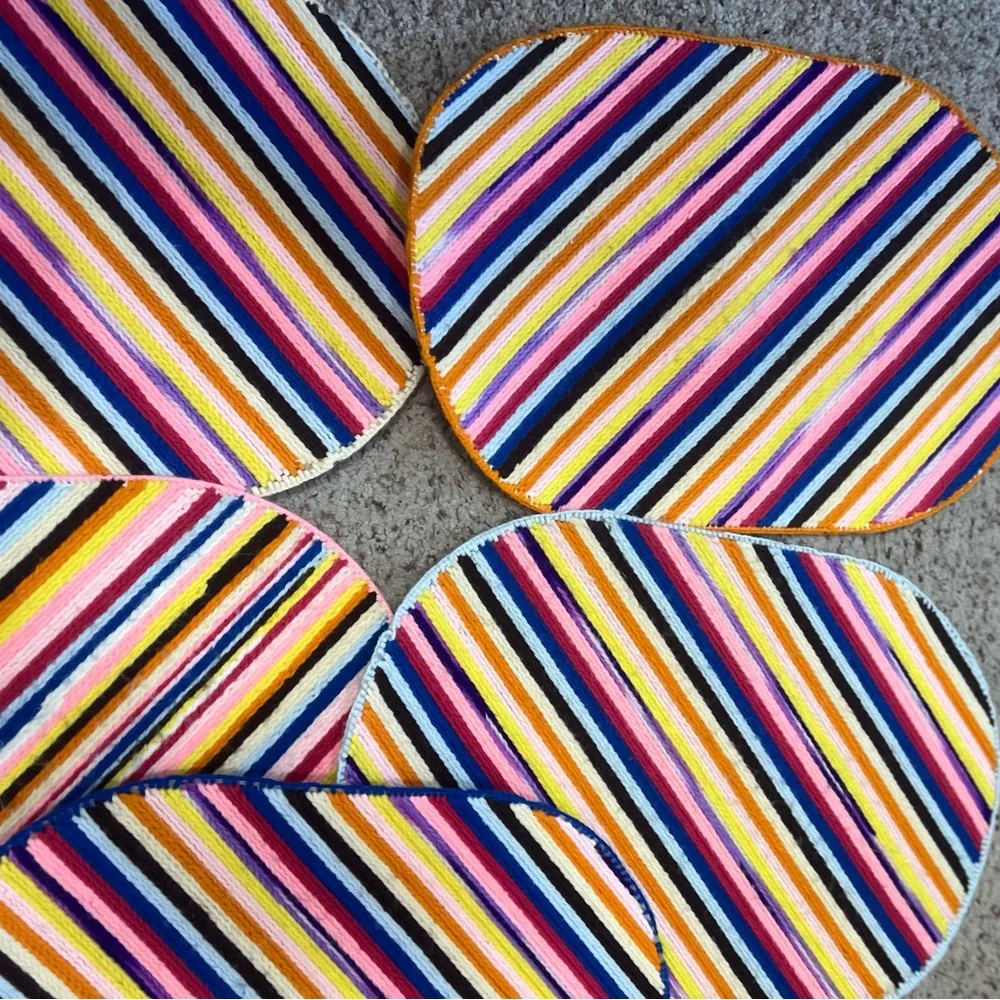 Vintage Set Of 5 Oval Stripes  Rainbow  Cotton Crochet Placemats  Set 1980s‎